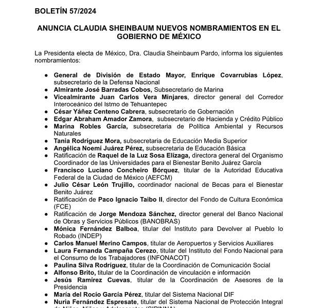 PRESENTA CLAUDIA SHEINBAUM SU GABINETE COMPLETO